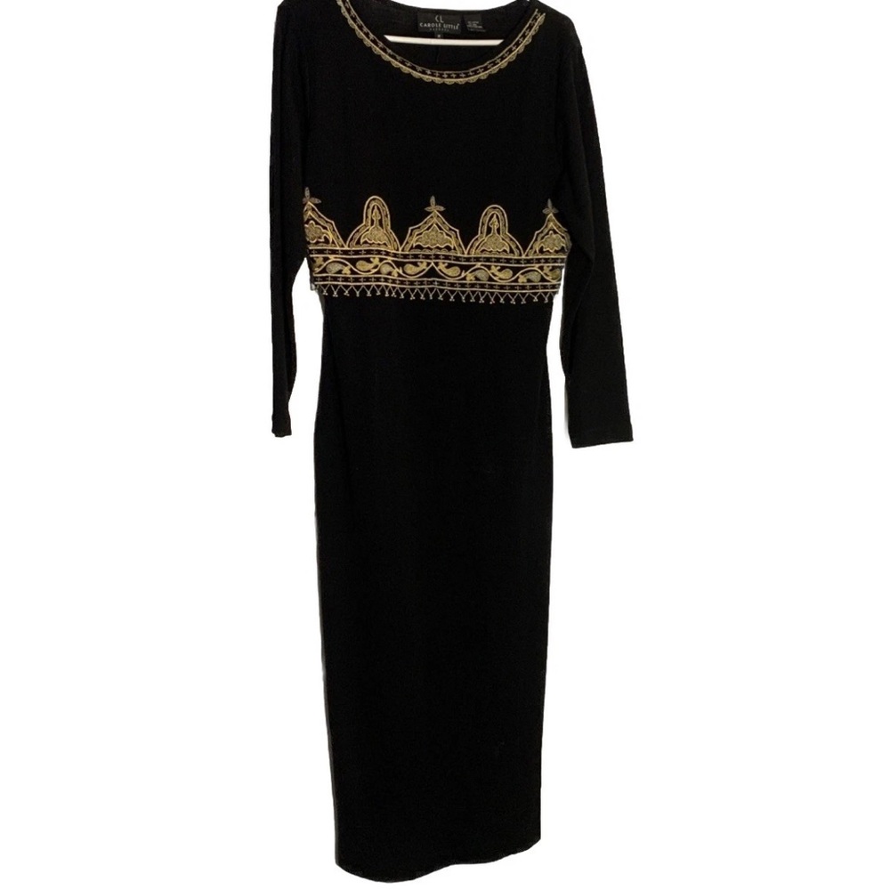 Vintage Carole Little Women's M Black Gold Beaded Wool blend Dress long sleeve